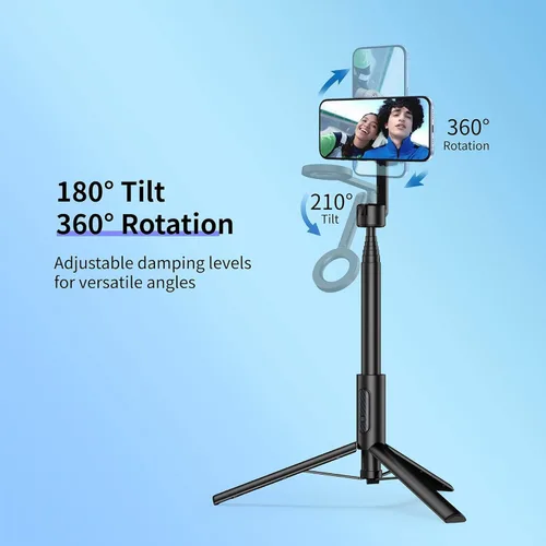 Vista 3 de SEAJIC Trípode magnético para teléfono con palo selfie de 64" para iPhone con control remoto y anillo de metal, trípode de viaje automático