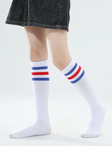 Vista 20 de TOCONFFON Calcetines de tubo hasta la rodilla para niños, niñas y adolescentes, calcetines deportivos de algodón para la escuela de fútbol, uniforme