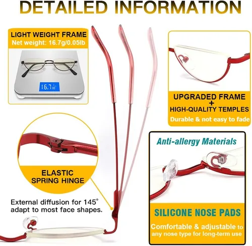 Vista 3 de touk Half Frame Reading Glasses Anti Blue Light UV Filter, Half Moon Lens Semi Rim Spring Hinge Readers with Case for Women