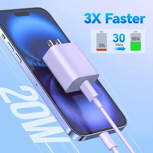 Vista 2 de Cable de carga rápida de 10 pies + bloque de cargador USB C de 20 W - azul, verde y rosa