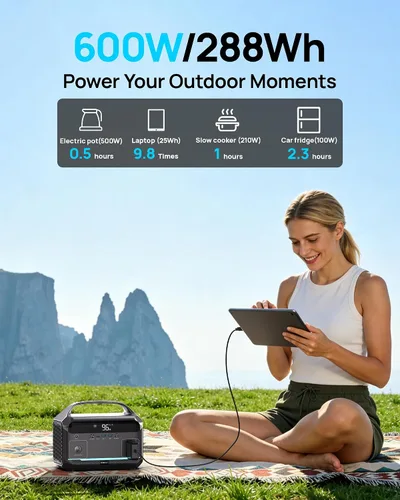 Vista 2 de Estación de energía portátil de 600W (pico de 1200W), generador solar de 288Wh (90,000mAh) con batería LiFePO4 y salidas de CA, carga rápida de 1.7H