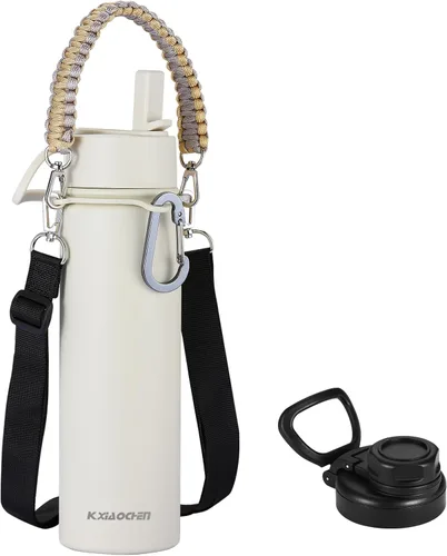 Vista 14 de KXIAOCHEN Botella de agua aislada, botella de agua de acero inoxidable, 2 tapas (con pajilla y tapa con asa), botellas de agua metálicas de boca