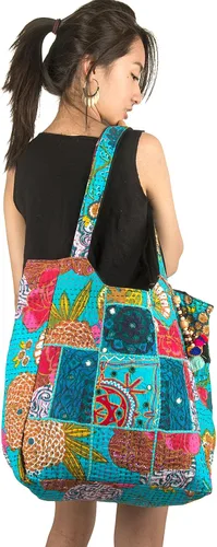 Vista 2 de TribeAzure Bolso de hombro de lona azul grande grande grande grande bolso de mano único Tote Colcha Vintage Beach Viajes Verano