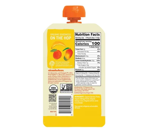 Vista 2 de Pumpkin Tree Peter Rabbit Organics - Mango para bebé, plátano y naranja, 4 onzas