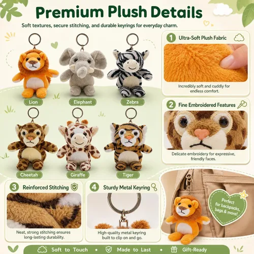 Vista 7 de Tezituor Paquete de 6 Pequeños Animales de Peluche a Granel Juguetes de Peluche, Mini Llaveros de Animales de Peluche Lindos de 6" para Niños, Mini