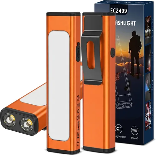 Vista 11 de Linterna plana EDC recargable, 1200 lúmenes USB-C (naranja, 1 unidad) Linterna de bolsillo con clip, 9 modos de luz magnética impermeable pequeña