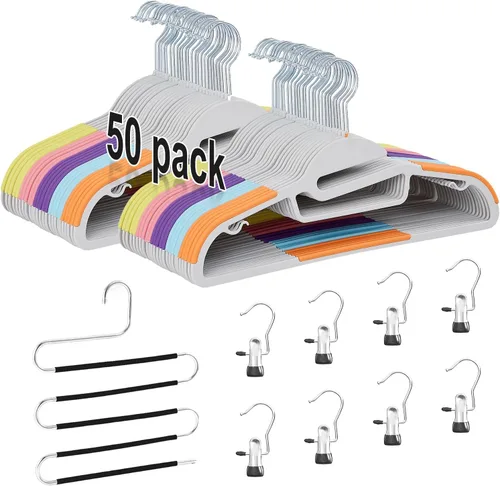 Vista 11 de VECELO Paquete de 25 perchas de plástico de alta calidad para trajes, antideslizantes, resistentes, apertura en forma de S, gancho giratorio