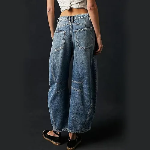 Vista 2 de Jeans de tiro medio para mujer, pierna ancha, cintura media, holgados, Y2K, estilo boyfriend, pantalones de mezclilla estilo harén, pantalones