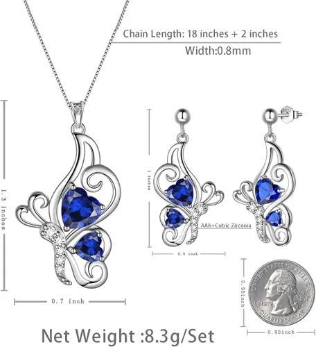Vista 3 de Butterfly Heart Jewellery Sets - Women 925 Sterling Silver Animal Butterflies Birthstone Necklace Earring Bracelet Set Crystal Wedding Birthday