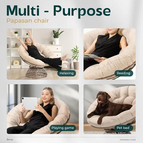 Vista 7 de Bme Silla Papasan ergonómica de mimbre de 40 pulgadas con cojín y marco suaves y gruesos, giro de 360°, círculo, lectura, silla cómoda para sala