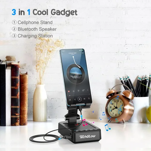 Vista 2 de TechGlow Soporte plegable para teléfono celular con función de carga de altavoz Bluetooth, soporte giratorio de 360°, regalos de cumpleaños