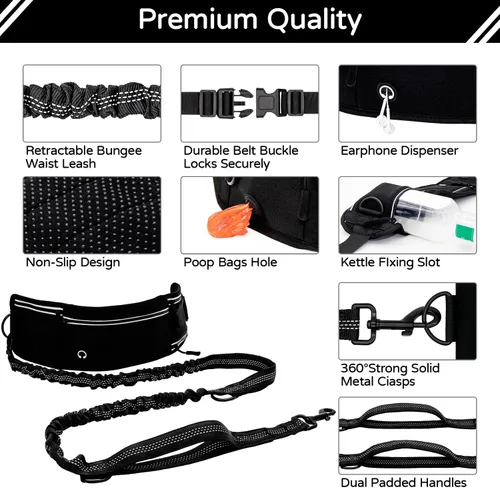 Vista 5 de Skmeditec Correa de perro manos libres con bolsa de cintura para pasear perros grandes, correa elástica que absorbe los golpes con bolsa