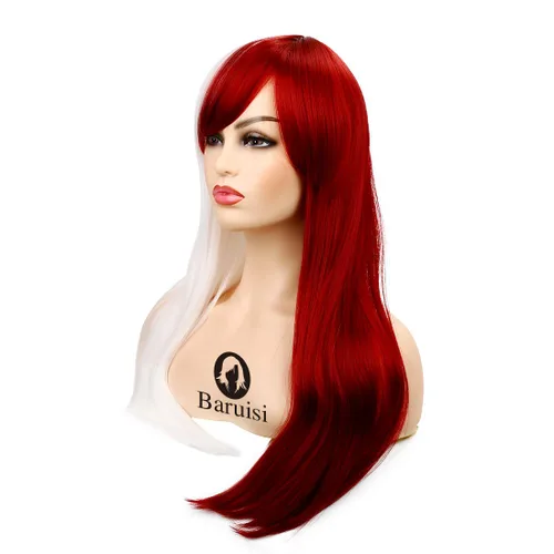 Vista 5 de Baruisi Peluca larga y recta de anime para mujer, peluca de cabello sintético de Halloween rojo y blanco