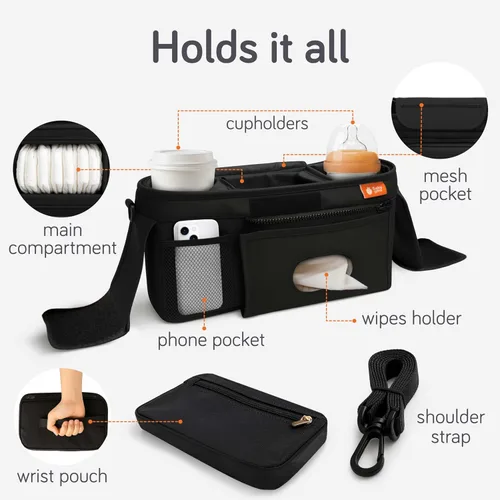 Vista 3 de Baby Uma Bolsa organizadora universal para cochecito: organizador de cochecito con soporte para tazas con aislamiento XL (2), soporte para teléfono