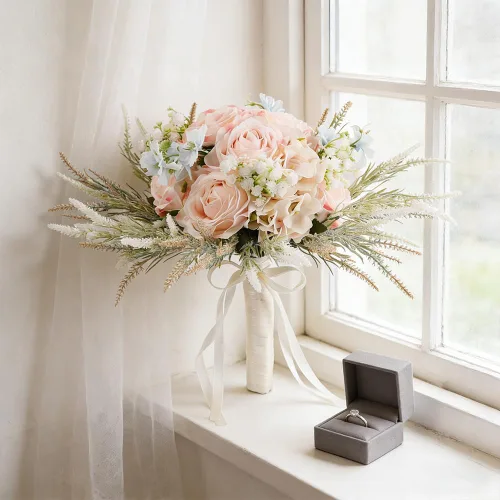 Vista 3 de LESING Ramos de novia de 11.8 pulgadas, rosas artificiales hechas a mano, románticos, para novia, dama de honor, celebración de flores, 11.8 Ramo