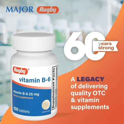 Vista 2 de Rugby Vitamina B-6 Tabletas – 25 mg de vitamina B6 – Suplemento dietético – 100 unidades (1 paquete)