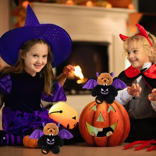 Vista 7 de HyDren 2 piezas de oso de peluche de Halloween de oso de felpa suave con disfraz temático de Halloween, bonito juego de felpa para decoración
