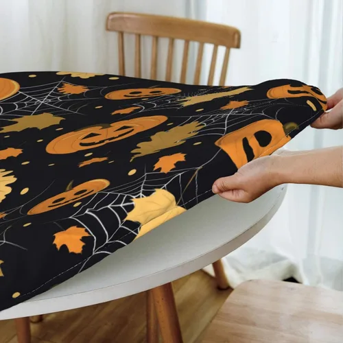 Vista 5 de Famame Mantel redondo ajustable con diseño de hojas de otoño y Halloween, con borde elástico, impermeable, con borde elástico, para interiores