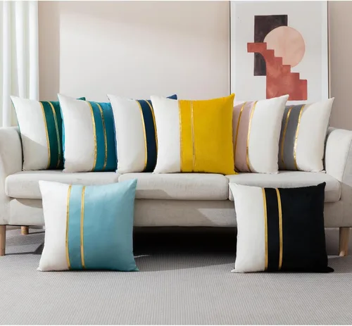 Vista 5 de ZLINA Juego de 2 fundas de almohada decorativas de terciopelo verde aguamarina y blanco con parches y cuero dorado de 16 × 16 pulgadas, fundas