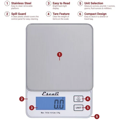 Vista 5 de EscaliVera PR2000S Cocina de alta precisión compacta / hornear / a escala de hierbas, mide los ingredientes líquidos y secos, pantalla digital LCD