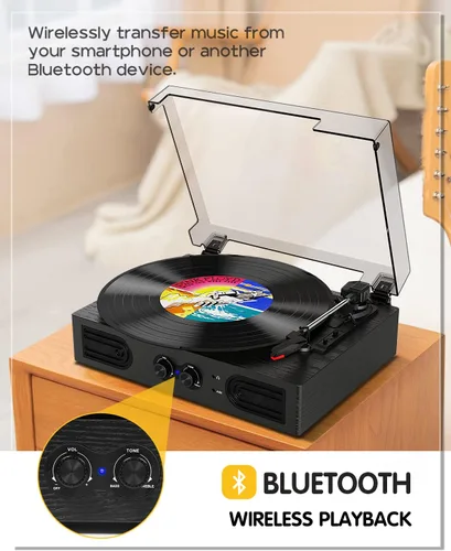 Vista 2 de Tocadiscos con altavoces integrados, control de agudos y graves, 33, 45, 78 RPM, reproductor LP impulsado por correa, tocadiscos de vinilo Bluetooth