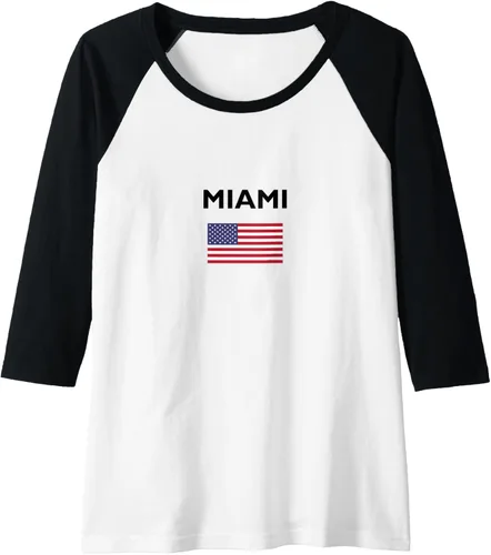Vista 3 de Miami Florida USA American Flag Light-Color Raglan Baseball Tee