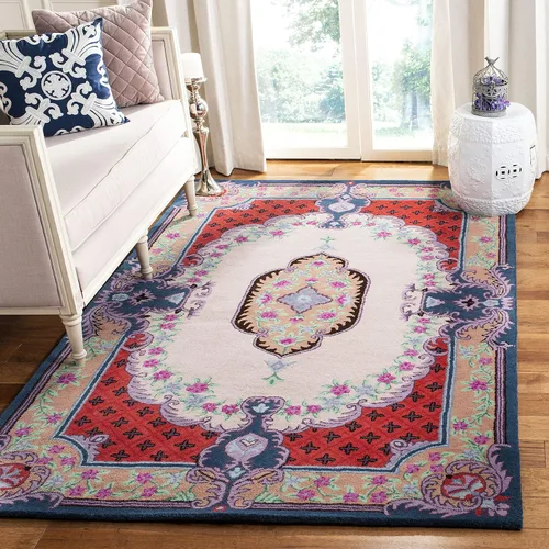 Vista 9 de SAFAVIEH Bellagio Collection - Alfombra decorativa de 2 x 3 pies, azul y rosa, hecha a mano de lana de medallón, ideal para zonas de alto tráfico