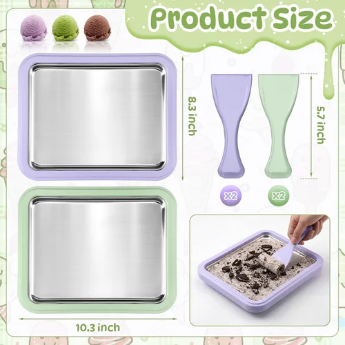 Vista 2 de 2 juegos de helados enrollados, bandeja de helado enrollada con 2 raspadores, placa de acero inoxidable instantánea para hacer granizados sorbete