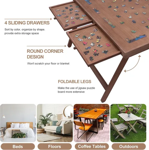 Vista 3 de TEAKMAMA - Mesa de rompecabezas de 1500 piezas con 4 cajones para adultos, color marrón Rompecabezas de madera plegable con patas, con cubierta