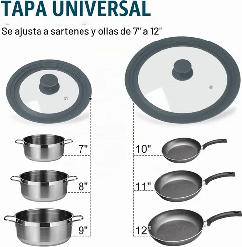 Vista 7 de Tapa Universal para Ollas, Sartenes y Cacerolas, Paquete de 2 Cubiertas de Sartén que se Ajustan a 7", 8", 9" y 10", 11", 12" de Diámetro de 7-12