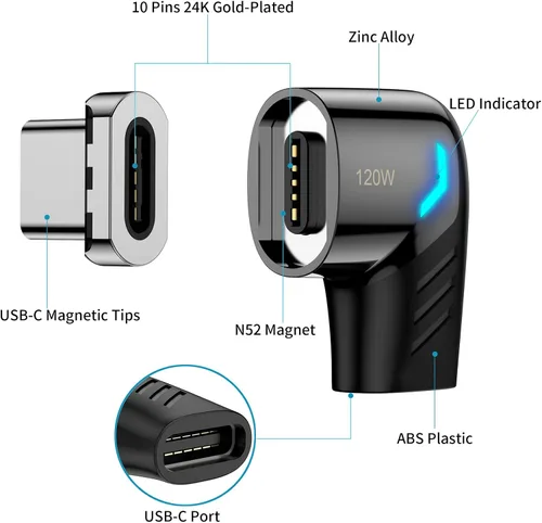Vista 6 de Adaptador magnético USB C, conector tipo C de ángulo recto, carga rápida PD de 120 W, velocidad de transferencia de 480 Mbps, compatible