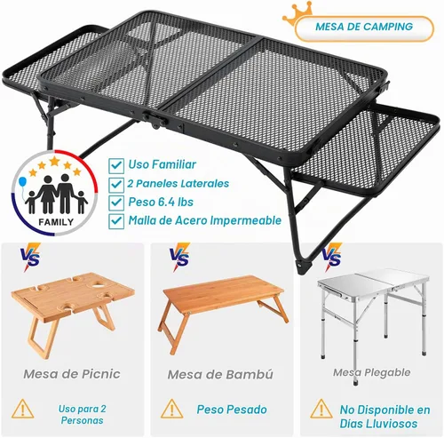 Vista 4 de Mesa de campamento pequeña baja con 2 paneles de alas, mesa de picnic baja plegable y al aire libre con 2 estantes, ligera y fácil de transportar