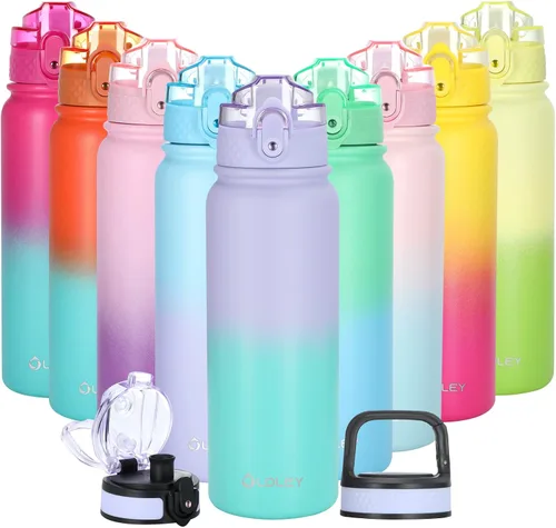 Vista 9 de Oldley Botella de Agua Aislada con Pajilla de 20oz, Botellas de Agua de Acero Inoxidable con 3 Tapas, Aislamiento al Vacío de Doble Pared Térmica