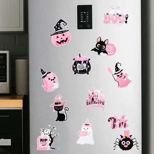 Vista 6 de Whaline 12 imanes rosados de Halloween para refrigerador, calabaza, fantasma, araña, murciélago, nevera, truco, golosina, calcomanías magnéticas