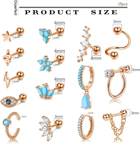 Vista 6 de Juego de aretes de cartílago en espiral, diseño de flores, serpiente, cadena colgante, aro, cartílago, hélice, caracola, joyería