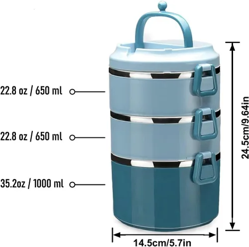 Vista 5 de SANQIAHOME Lonchera apilable de acero inoxidable de 3 niveles sellada (azul, 3 capas) con cuchara y tenedor