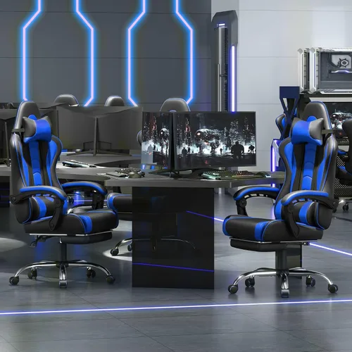 Vista 5 de Yaheetech Silla para videojuegos, silla de videojuegos con soporte lumbar de masaje y reposapiés, silla ergonómica ajustable para computadora