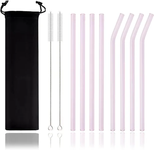 Vista 12 de JASHII Pajitas de vidrio reutilizables, pajitas transparentes de 7.87 x 0.3 pulgadas con cepillo limpio, estuche de viaje negro para bebidas Azul
