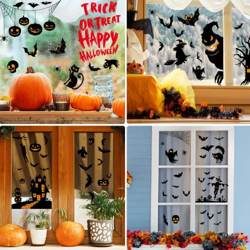 Vista 4 de AUAUY Decoración de ventana de Halloween, 9 hojas, 87 unidades, calcomanías de ventana de doble cara con calabaza, murciélago, araña, adhesivo