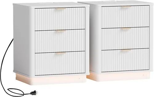 Vista 24 de Mesita de noche LED acanalada, mesita de noche curvada inteligente con iluminación de estación de carga, mesa auxiliar de madera con 2 cajones