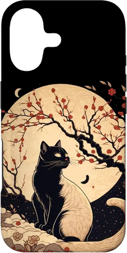 Vista 32 de Kawaii black cat japanese with cherry blossom anime style Case for iPhone 16