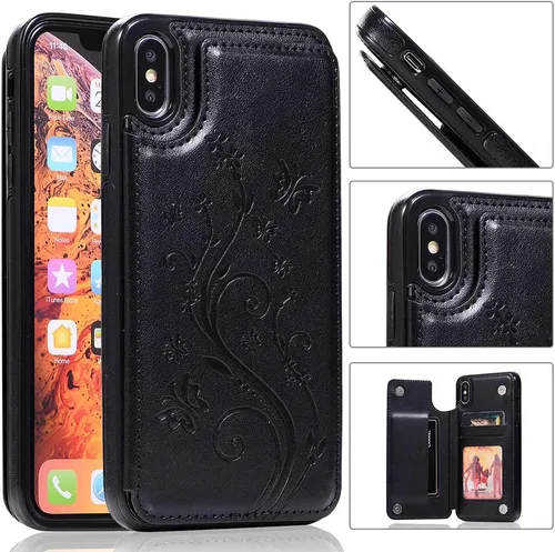 Vista 3 de Funda de teléfono para iPhone Xs Max de 6.5 pulgadas 2018 con protector de pantalla de vidrio templado, tarjetero con tapa de cuero para celular i X