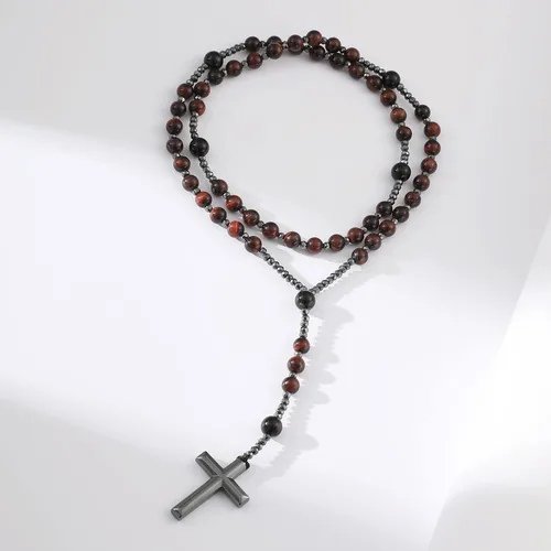Vista 6 de Yumikoo Collar de cuentas de rosario de crucifijo de Jesús para hombres y mujeres, collar de cruz de hematita y ágata negra mate