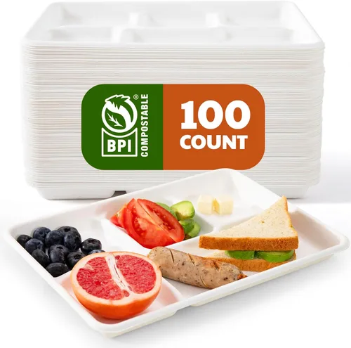 Vista 7 de Platos de papel compostables de 3 compartimentos, 125 unidades, 10 pulgadas, bandejas divididas desechables resistentes para el almuerzo, platos