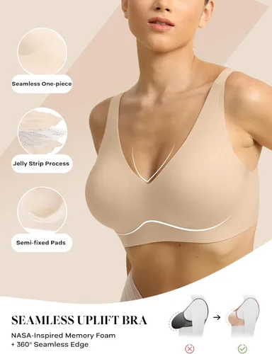 Vista 2 de COMFELIE Brasier sin aros para mujer, sin costuras, con escote en V, sin costuras, suave, cómodo, sexy, ropa