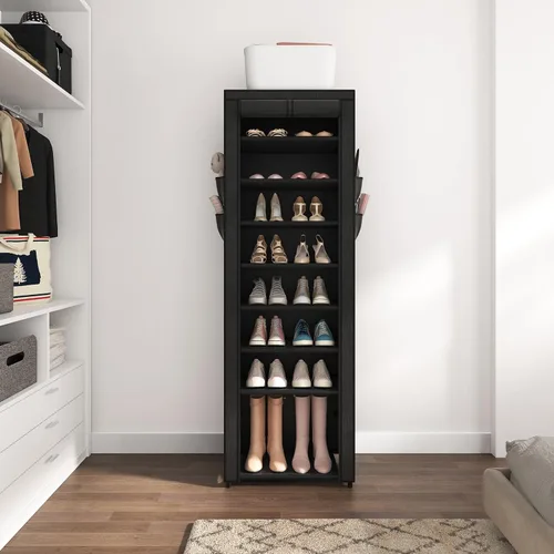 Vista 7 de Zapatero con cubierta, organizador de zapatos estrecho con 4 bolsillos laterales, estante alto de 10 niveles, almacenamiento para 18-22 pares