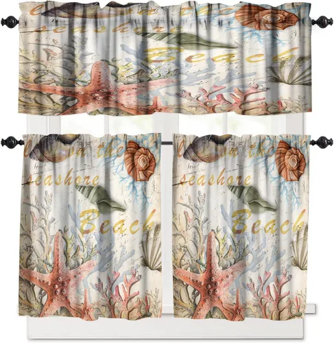 Vista 19 de Cenefas de cocina con estrellas de mar, cortinas de nivel para ventanas de cocina, cortinas de café con estrellas de mar, cortinas pequeñas