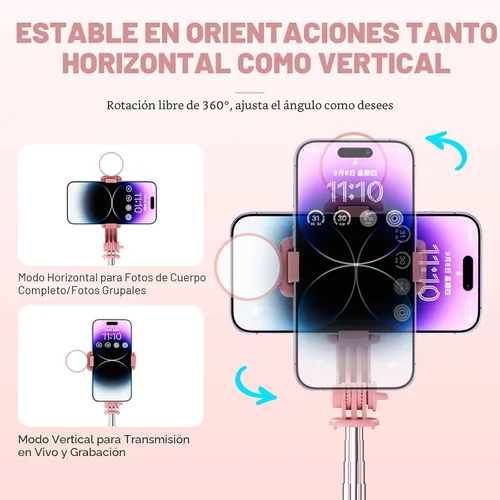 Vista 3 de Palo selfie con control remoto recargable y luz (1 unidad), trípode para iPhone, soporte de teléfono celular para grabación de video, accesorios