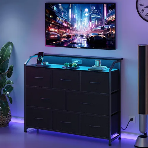 Vista 2 de DUMOS - Cómoda para TV con 8 cajones de tela, cómoda, color negro APP Control LED Lights and Type-C Charging Station, Fabric Storage Tower TV