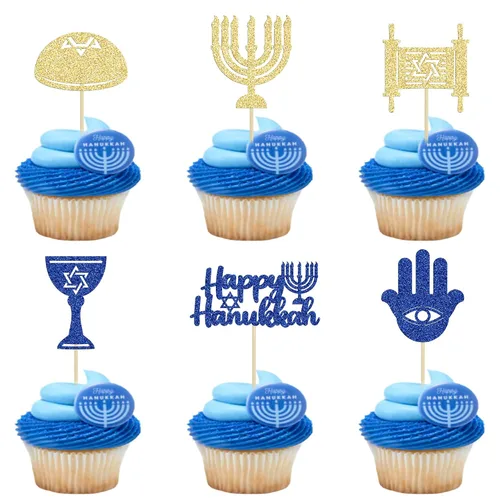 Vista 8 de Gyufise 24 decoraciones para cupcakes de Feliz Hanukkah Star of David, decoraciones para fiestas de Hanukkah, suministros de fiesta temática
